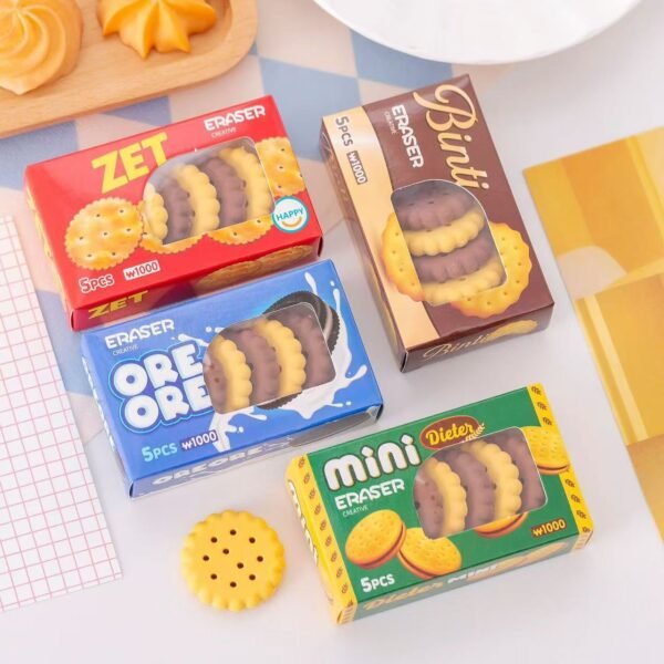 Cookie Eraser Set – 5-Pcs Biscuit Style Erasers in Gift Box for Kids, Students & Party Favors