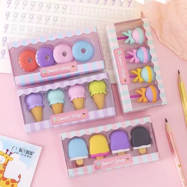 Sweet Shop Eraser Set – Cute Ice Cream, Donut, Lollipop & Popsicle Erasers (4 PCS / Gift Box, One Style / Gift Box)